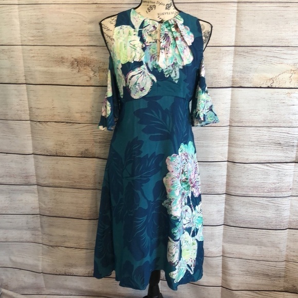 Anthropologie Maeve “Elia”Dress Cold Shoulder Teal Floral Size 0 - Picture 1 of 11